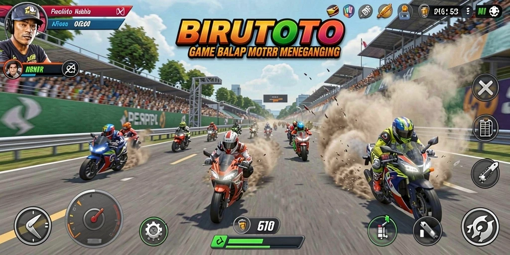 Tampilan gameplay BIRUTOTO yang menegangkan saat balapan motor.