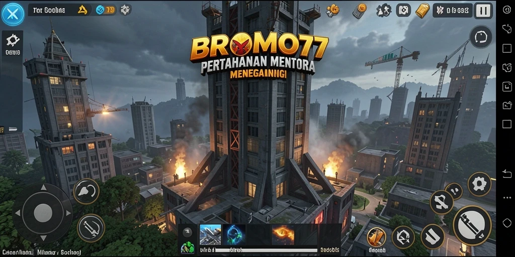 Screenshot gameplay BROMO77 menampilkan pertempuran epik Tower Defense.