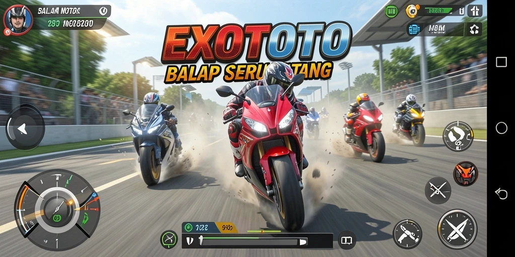 Screenshot gameplay EXOTOTO menunjukkan aksi balapan motor yang mendebarkan.