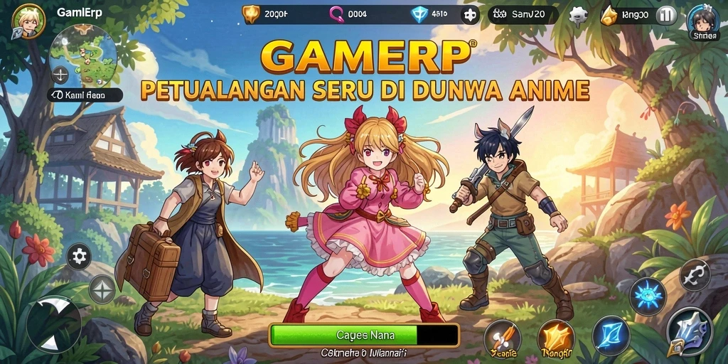 Screenshot GAMERP menampilkan karakter anime dalam pertempuran epik.