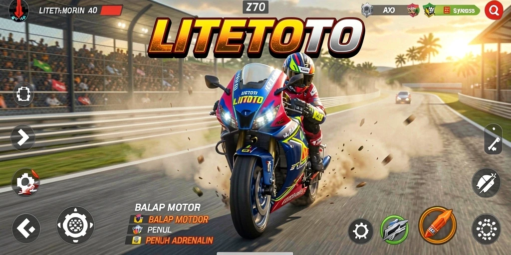 Tangkapan layar gameplay LITETOTO dengan aksi balap motor yang mendebarkan.